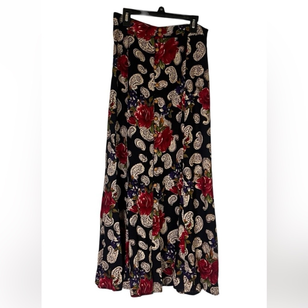 Vintage 90s IVY 100% Rayon Maxi Skirt Sz M Wooden Buttons Paisley Floral Boho US